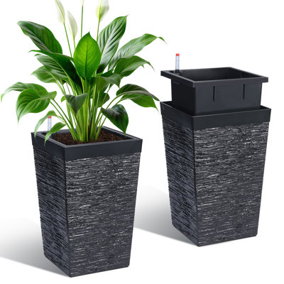 2 grands pots de fleurs noirs à arrosage automatique de 16 po - Pots de fleurs à drainage intérieur et extérieur pour herbes, plantes grasses et plantes hautes