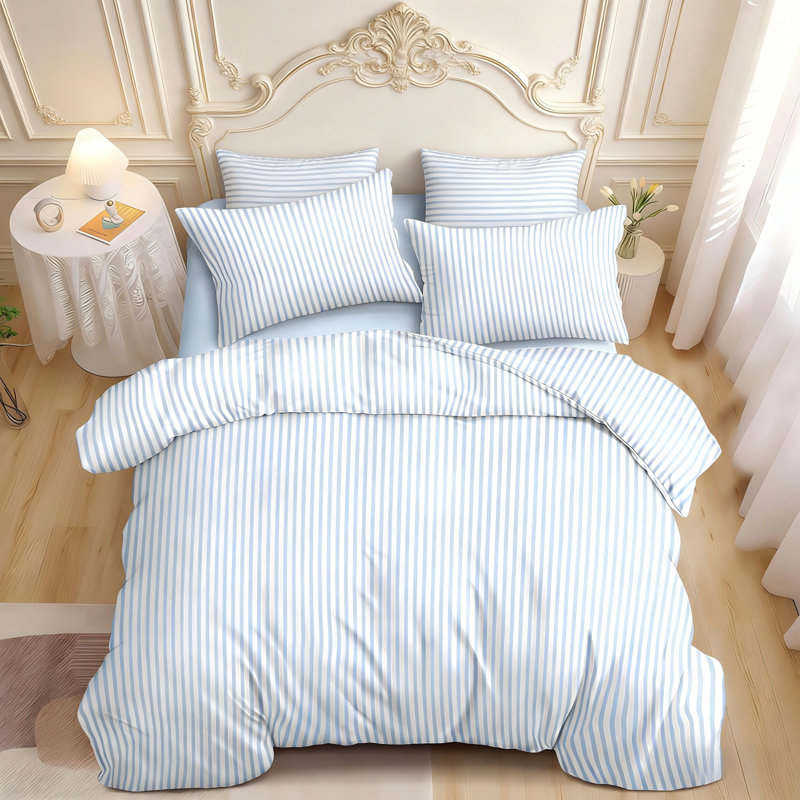 Blue Striped Comforter Set Stripe Comforter Soft Lightweight Pinstripe Dorm Bedding Set For All Seasons, Blue