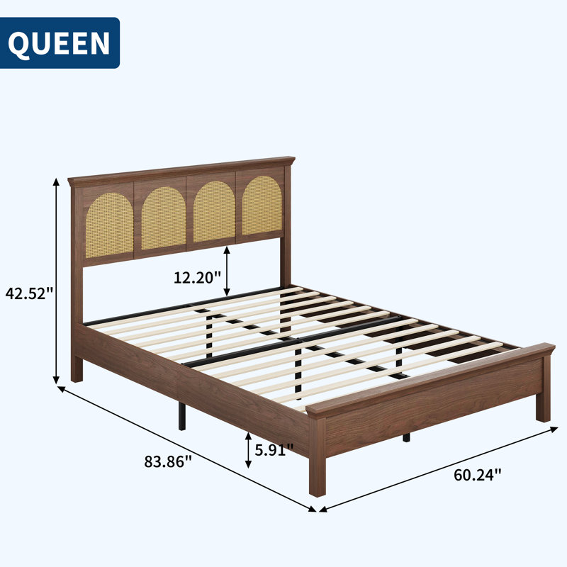 Structure de lit plateforme en rotin grand format avec tête de lit avec rangement, lit en bois Boho, aucun sommier nécessaire