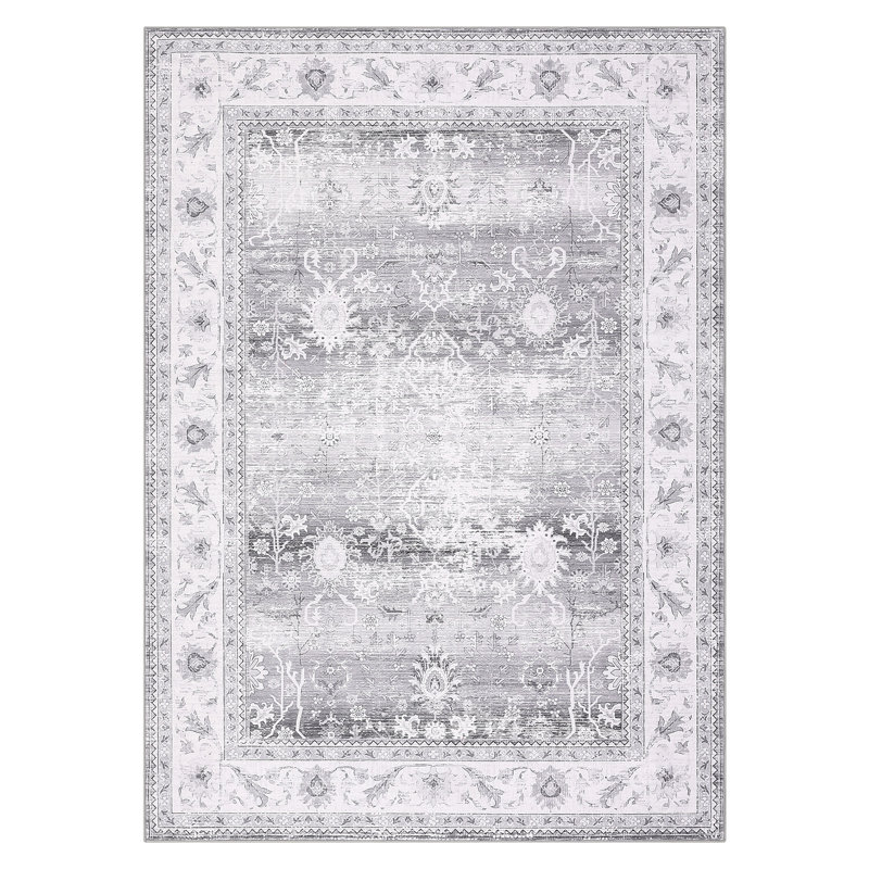 Modern Floral Machine Washable Rug for Living Room Stain Resistant Ultra Soft Low Pile Floor Cover Foldable Lightweight Non Slip Carpet for Bedroom, Dining Room