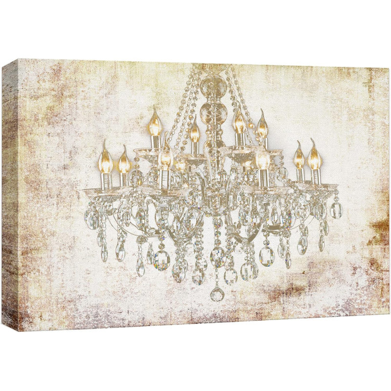 Lumineux lustre en cristal doré brillant avec lumière, grand décor rétro, impression sur toile encadrée, Toile tendue