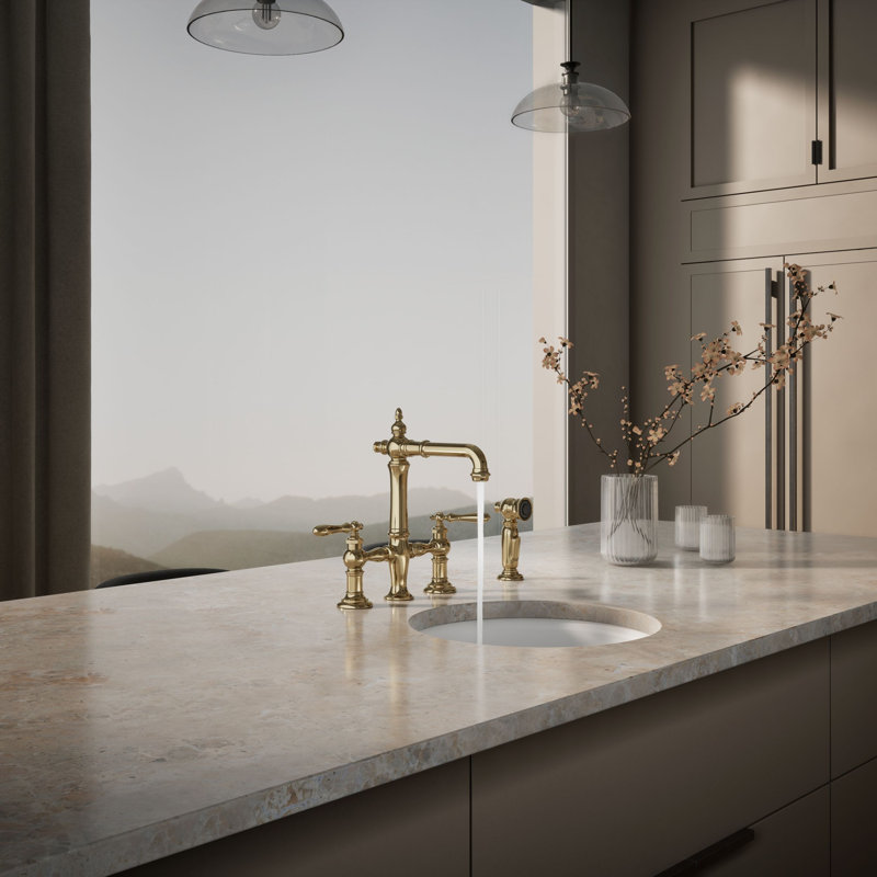 Artifacts® Bridge Faucet with Side Spray, Lever Handle, Vibrant French Gold