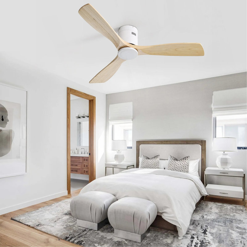 52 Inch Flush Mount Ceiling Fan 3 Solid Wood Fan Blade Noiseless Reversible DC Motor Smart Remote Control For Living Room