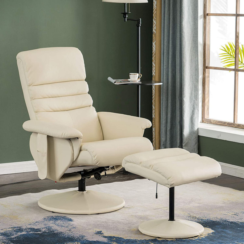 Faux Leather Swivel Recliner, White Faux Leather