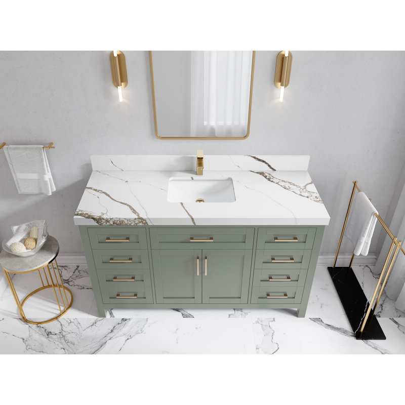 Meuble-lavabo simple 60 po avec plateau en quartz Cambridge, Or Calacatta