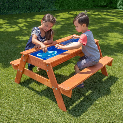 Table de pique-nique en bois avec jeu de sable, jeu d'eau et trou pour parasol (sans parasol)