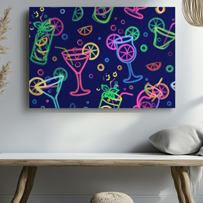 "Toile", un éclatant motif ludique sans soudure éclatant avec un tableau d'art mural de cocktails colorés et de boissons illustrés dans une toile