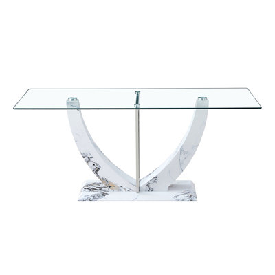 Une table rectangulaire moderne et simple en verre, équipée d'une table en verre trempé de 0,39 pouce, de pieds à densité moyenne et de tablettes de soutien en acier inoxydable. Utilisé dans la cuisine, la salle à manger