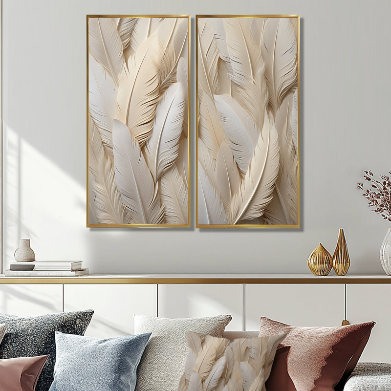Plumes de plumes - art mural moderne, H 20 po x l 24 po, Impression encadrée flottante, Doré