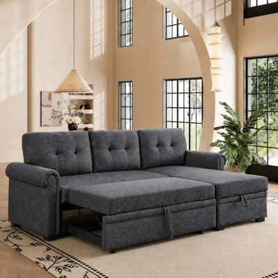 Canapé-lit rembourré de 218 cm avec lit gigogne et méridienne - Grands accoudoirs de rangement et poches latérales pour salon, chambre ou bureau à domicile
