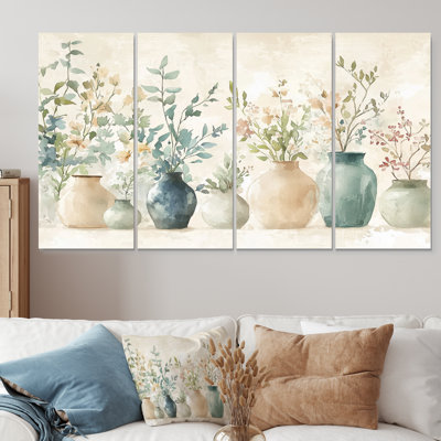 Green Vases In Collection Pattern - Boho Pottery Wall Art Set
