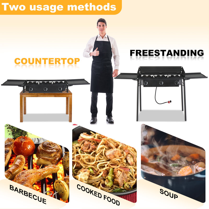 3-Burner High Pressure Propane Outdoor Stove with Removable Side Shelves and Windscreen