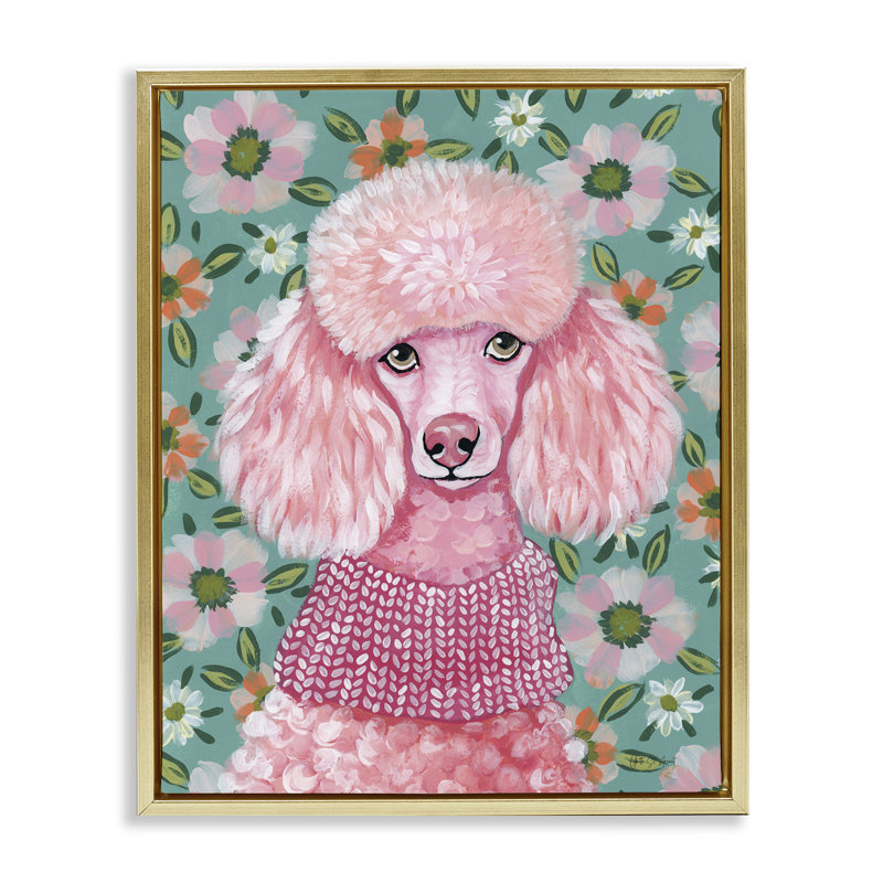 Caniche floral dans un cadre flottant rose, design par Yvette St. Amant, H 21 po x l 17 po, Cadre flottant métallique doré