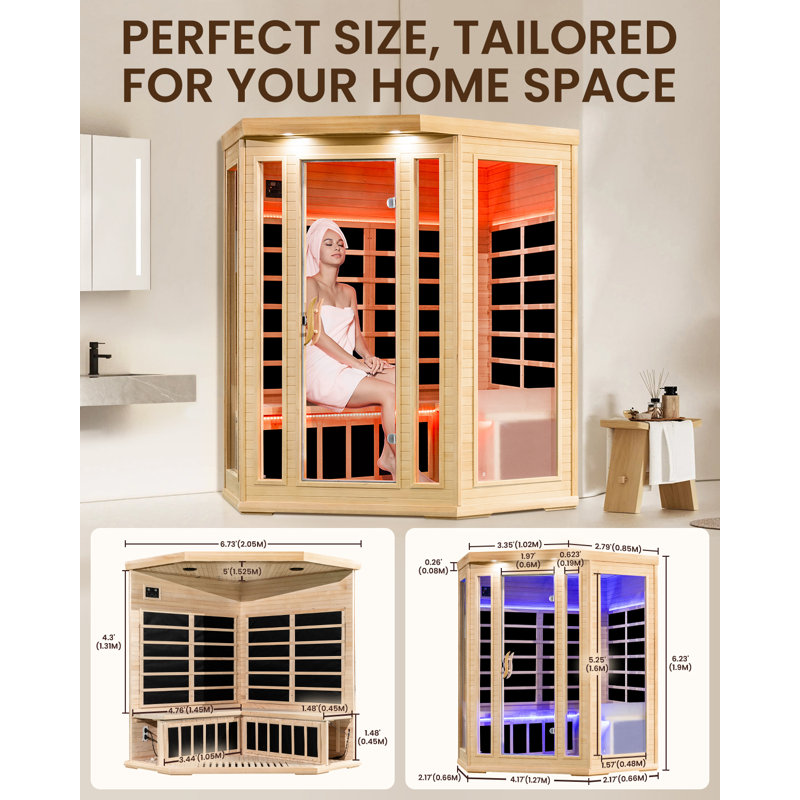 30A Cord 110-120V 3 Person Luxurious Far Infrared Sauna For Home Spa, Low Emf Wooden Dry Sauna Room With Bluetooth Speakers, Lcd Control Panel, Tempered Glass Door, 7 Colors Lighting, 74.76"X80.76"X26.04"