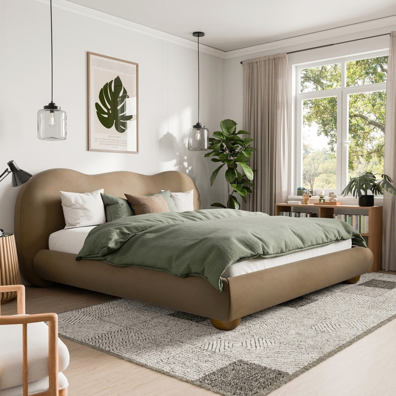 Cadre de lit grand format, lit de style contemporain et moderne rembourré brun Boucle, conception à profil bas avec tête de lit à dossier brun rembourré, pieds en bois de chignon rond, cadre transitionnel