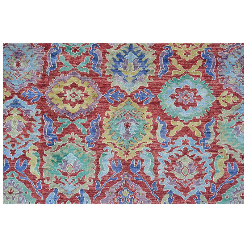 Tapis rouge et mauve de haute qualité noué à la main