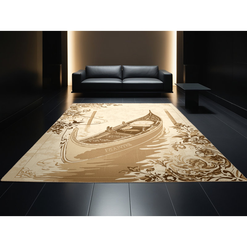 Machine Washable Vehicles And Transportation Gondola Boat Venice Classic Floral Rug in Beige – Beige Binding, 7x10