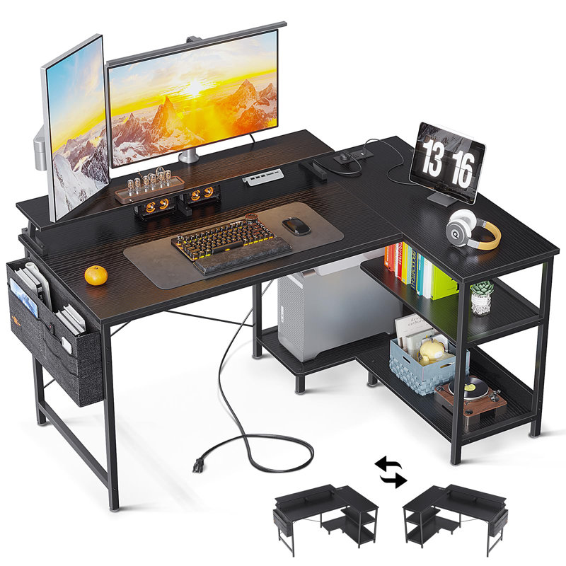 Selman L-Shaped Metal Base Writing Desk, Black