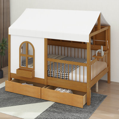 Structure de lit double pleine grandeur avec clôture et 2 tiroirs de rangement, lit en bois avec bibliothèque