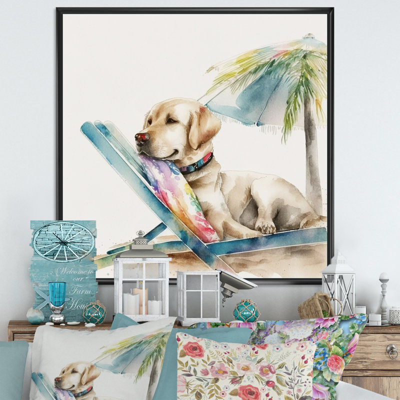 Chien sur une chaise à la plage I - impressions sur toile de chien, H 24 po x l 24 po, Cadre flottant noir