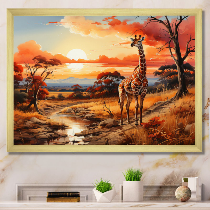 Girafes d'Afrique dans la savane I sur toile, H 24 po x l 32 po x P 1 po, Encadrement doré