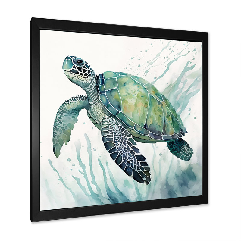 Aquarelle de tortue nageant IV - tortue, art mural, H 16 po x l 16 po x P 1 po, Impression noire sur toile encadrée