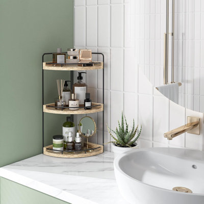 Organisateur de coin de comptoir de salle de bain, organisateur de salle de bain rustique à 3 niveaux, plateau de rangement en bois pour meuble-lavabo, cuisine, chambre à coucher (brun clair)