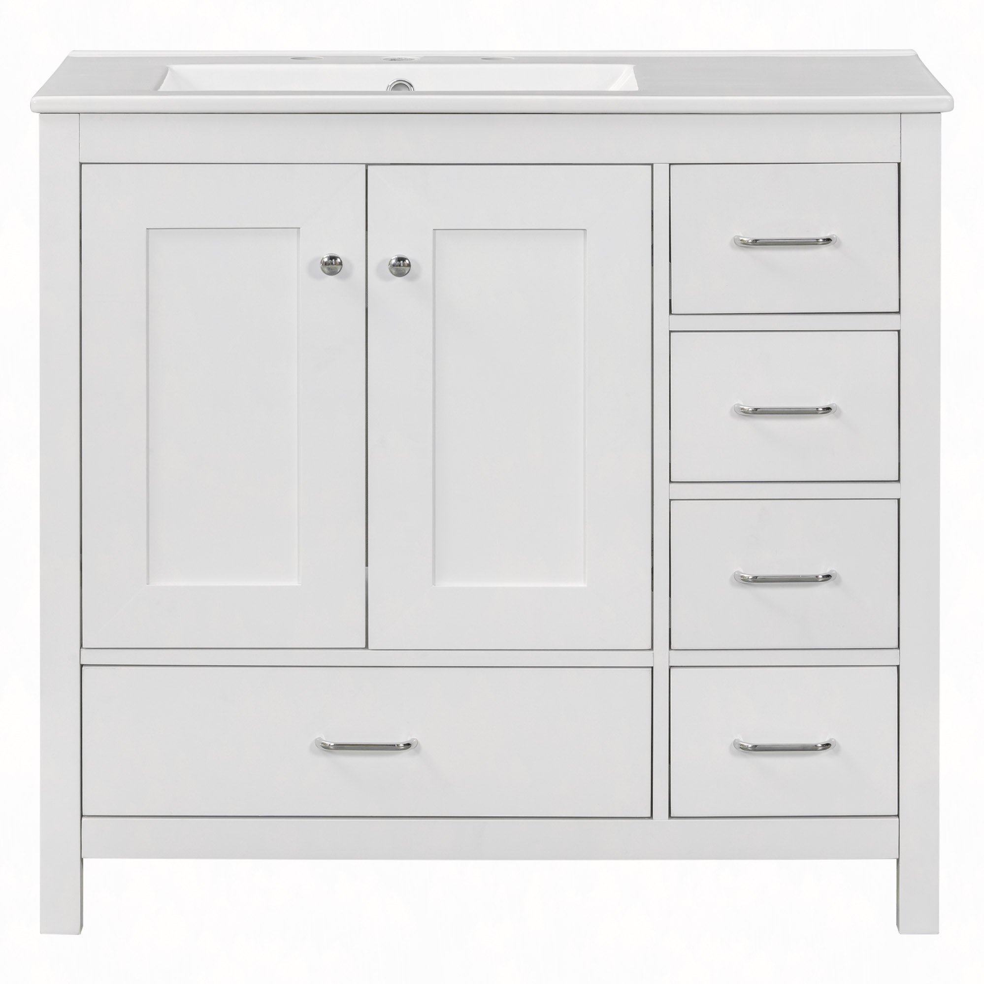 36" Simplicity Bathroom Vanity With Ceramic Sink Combo – Soft-Close Doors & 5 Drawers, Solid Wood Frame, Modern Style, Freestanding