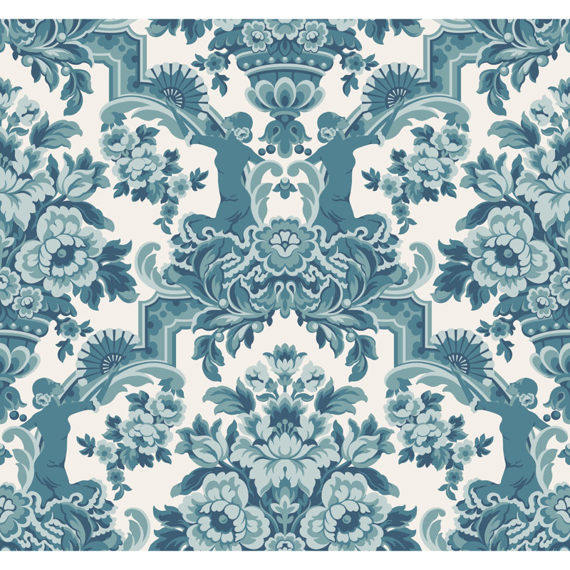 Lola Damask Wallpaper Roll, Blue/White