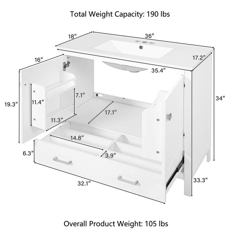 36" Single Bathroom Vanity With Ceramic Sink, White