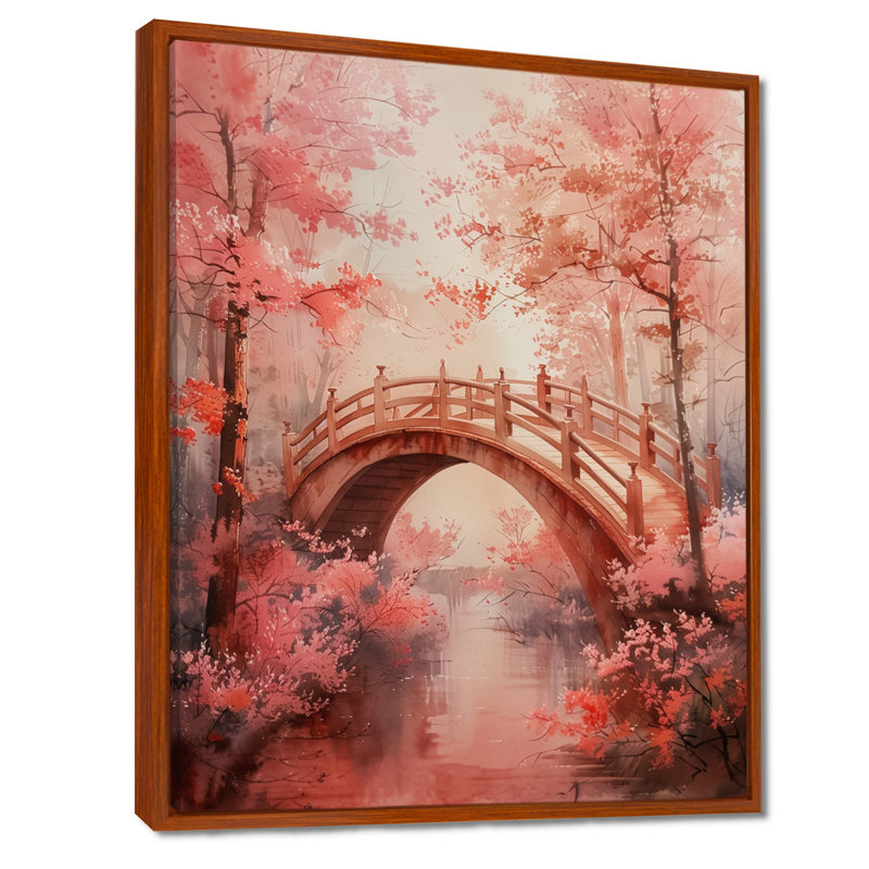 «Pink Brown Spring Bridge of Dreams Blooms IV», reproduction d'art mural, Cadre flottant brun, H 12 po x l 20 po