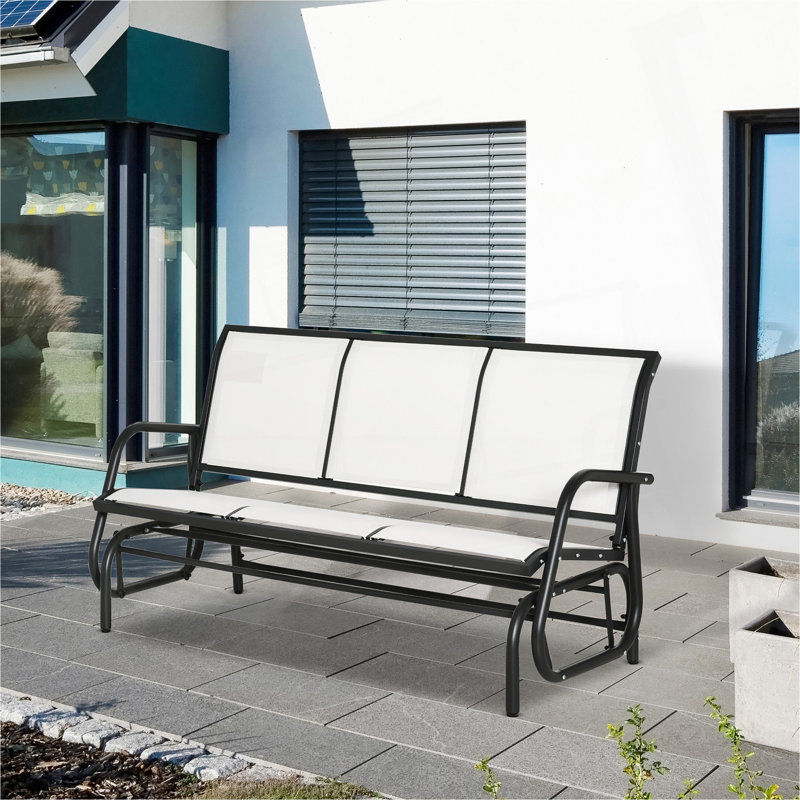 Outsunny 3-Person Patio Glider Bench, Outdoor Porch Glider Swing with 3 Seats, Breathable Mesh Fabric, Metal Frame, White