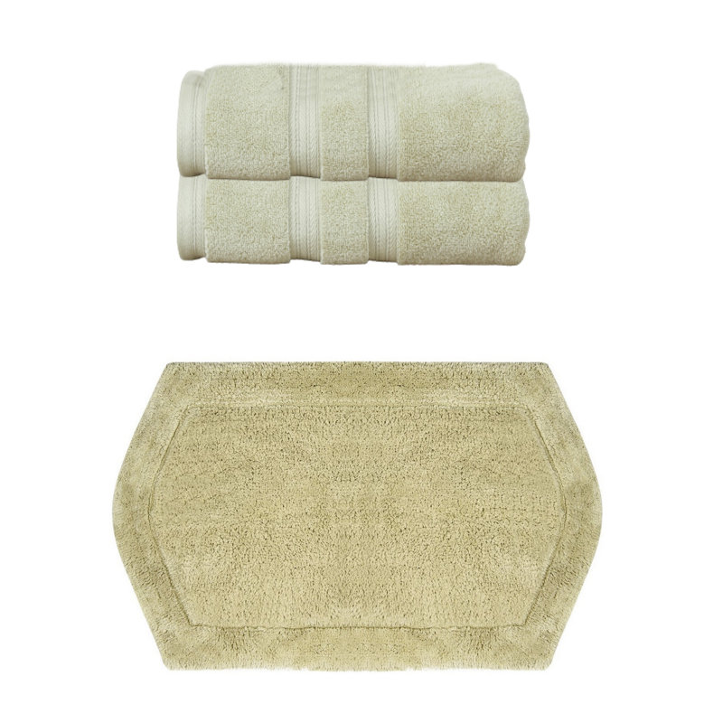 Bryd Collection 100% Soft Cotton 2 Pc Bath Towel Set & 1 Pc Bath Rug, (Set of 3), Green