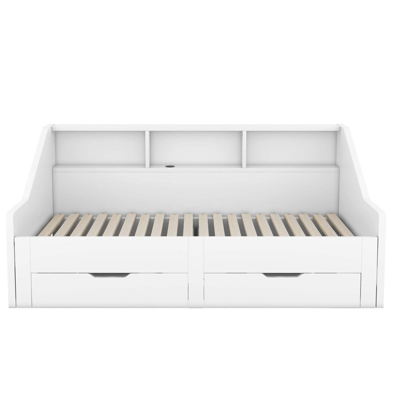 Daybed Frame With Storage Bookcases, 2 Drawers & Charging Design, White