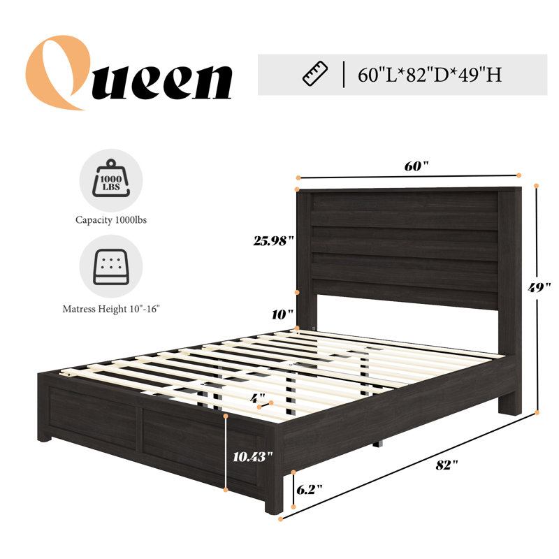 Louby 49" Farmhouse Queen Platform Bed, Black, Black, Queen