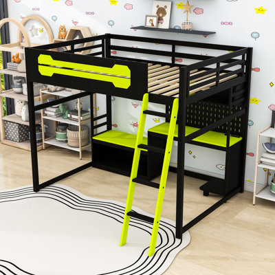 Lit mezzanine en bois avec bureau, tablettes, lumières DEL, ports USB et panneau perforé