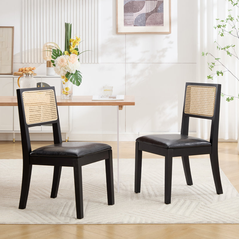  Chaise rembourrée moderne en bois massif avec dossier en rotin, Noir, Noir