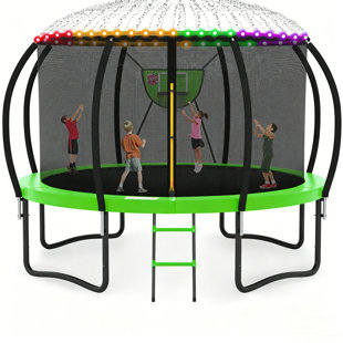 12FT Round Backyard Trampoline With Safety Enclosure, Basketball Hoop, Sprinkler, Lights