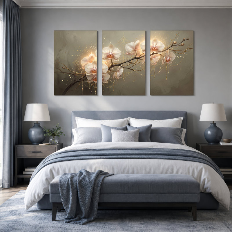 Orchidées blanches avec décorations dorées, ensemble de 3 toiles, 24"H x 16"W x 3pcs