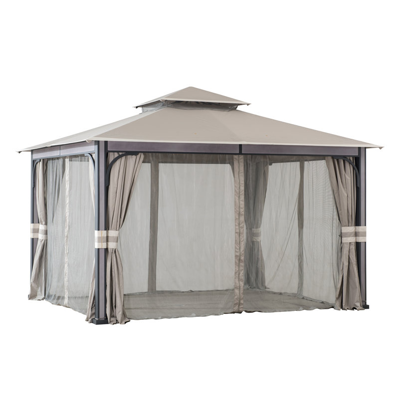 Light Gray 11 x 13 ft. Steel Frame 2-Tier Gazebo with Netting and Curtains