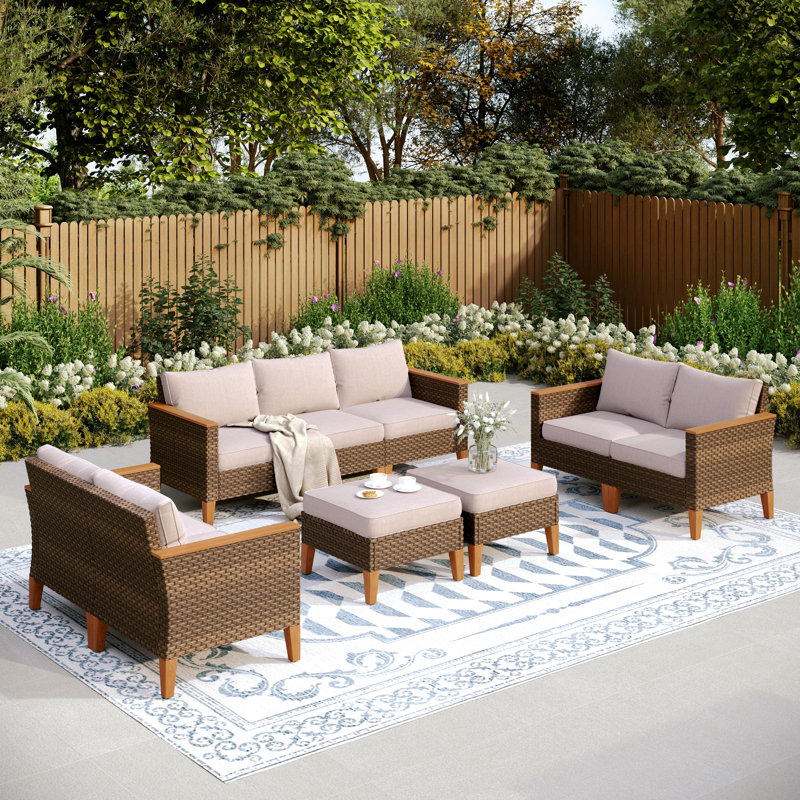 Argyri 9-Piece Wicker Outdoor Patio Conversation Furniture Sectional Set with Fire Pit Table, No, Beige