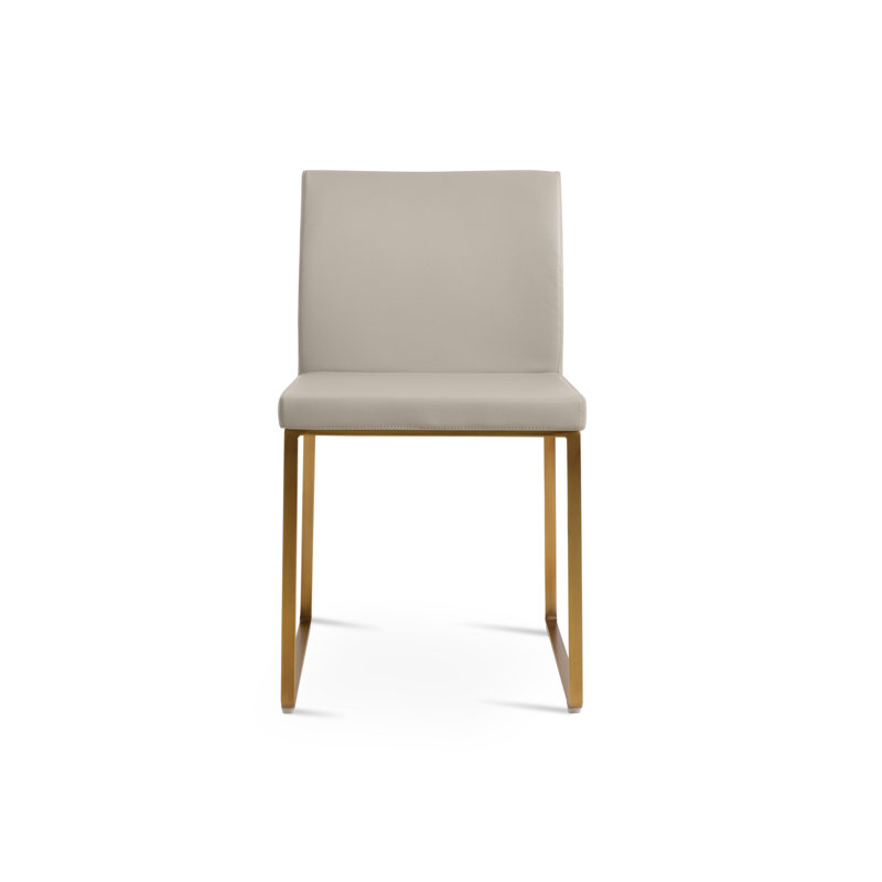Aria Metal Upholstered Back Dining Chair, Light Gray Leatherette, Brass