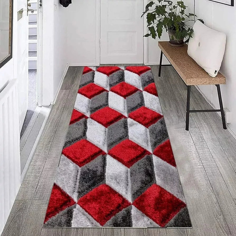 Shaggy Rug Red Large Living Room Carpet & Extra Long Hallway Runner Modern Geometric Non Slip Bedroom Area Rug