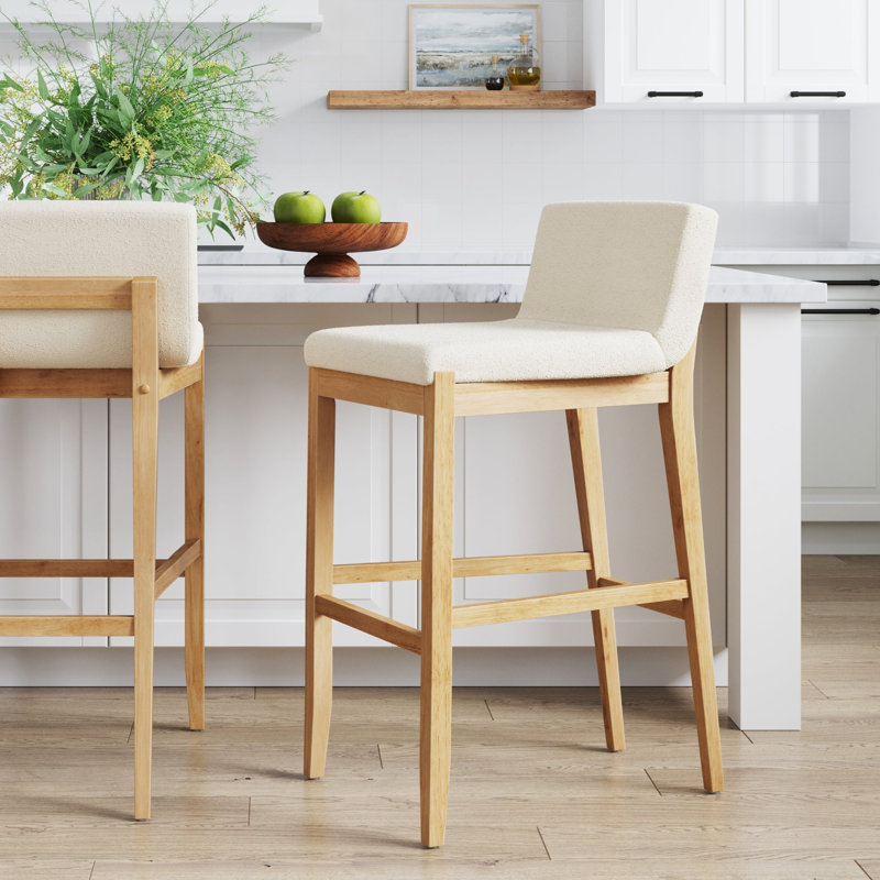 Tabouret de bar exposé avec pieds en bois massif, Boucle crème / pin chaud, Bar Stool (29.4” Seat Height), 1