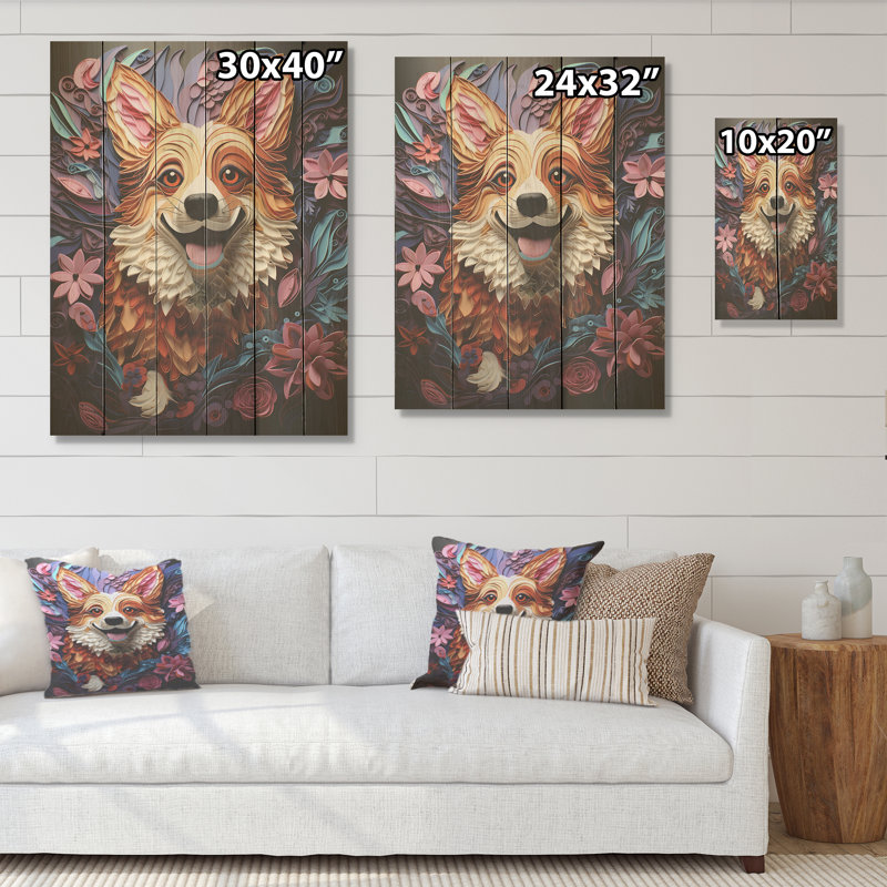 Corgi Charm - art mural en bois de chien sur bois de pin naturel, H 32 po x l 24 po