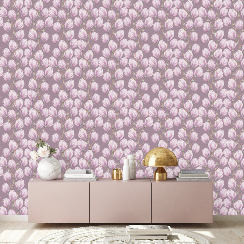 Panneau de papier peint adhésif rose avec fleurs roses L 18,75 pi x l 25 po