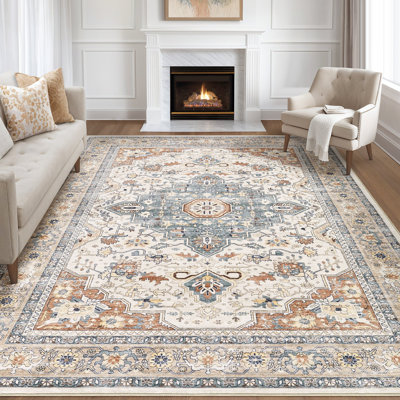 Aasen Vintage Oriental Area Rug Machine Washable Rugs with Non Slip Backing Ultra-Thin Lightweight Floor Mat Farmhouse Carpet for Living Room Bedroom