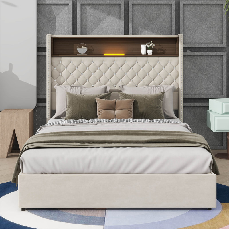 Structure de lit double capitonnée en velours pleine grandeur, avec USB et veilleuse, lit plateforme à oreilles avec rangement intégré pour la tête de lit