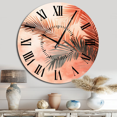 Terracotta Palm Vibes II - Horloge murale botanique en métal