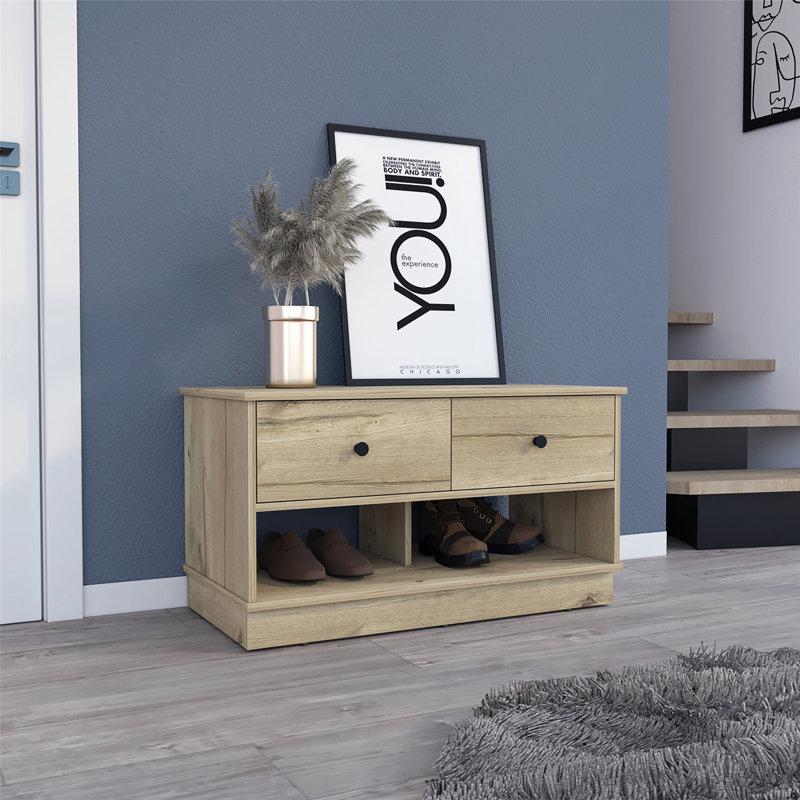 Banc de rangement rectangulaire en chêne clair à 2 tablettes et 2 tiroirs, combinant des sièges et un rangement pratique pour la vie organisée.
